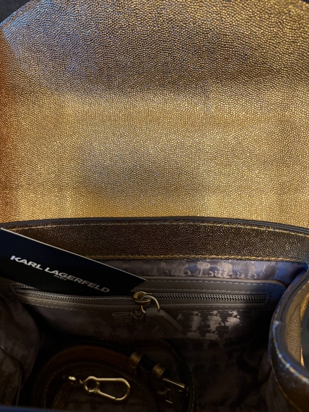 Karl Lagerfeld Paris Gold Satchel Top Handle Metallic Bag NWOT Strap Dust Bag - Picture 8 of 9